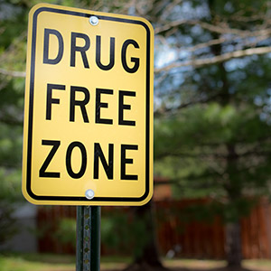 Drug free zone sign in Texas. Felony drug possession charges lawyer