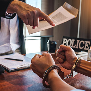 Handcuffed client with a lawyer, representing a criminal defense attorney.